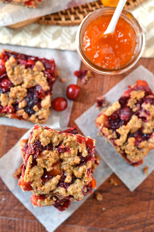 Healthy fruit crumble bars made with cranberries and apricots cut into squares