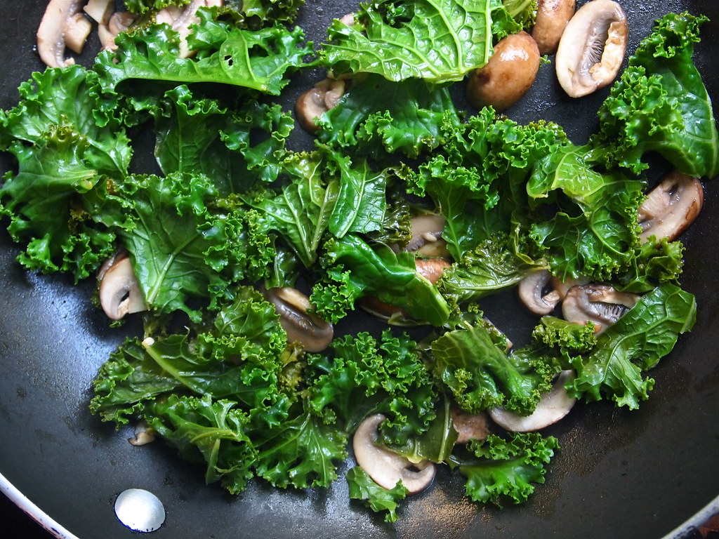 Sauteeing Kale and Mushrooms for Stuffing
