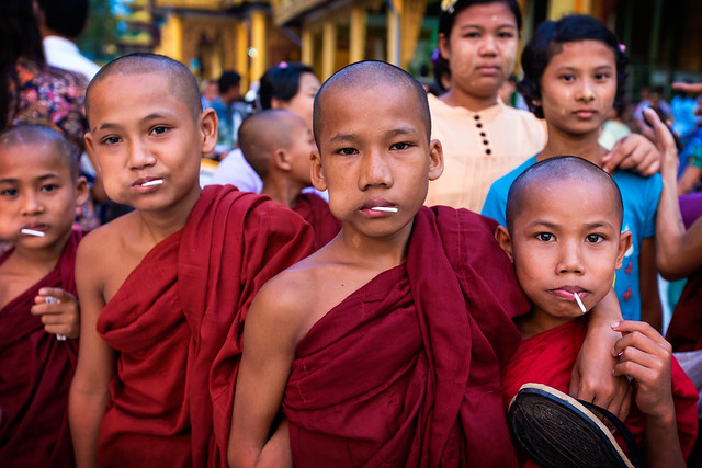 Group of novice buddhist monks at the Shwedagon Pagoda