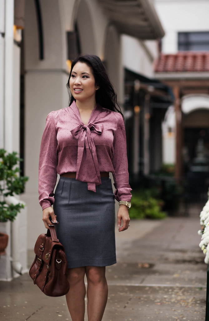 cute & little blog | loft pink polka dot bow tie neck blouse, gray pencil skirt, studded nude heels, outfit #ootd, petite fashion
