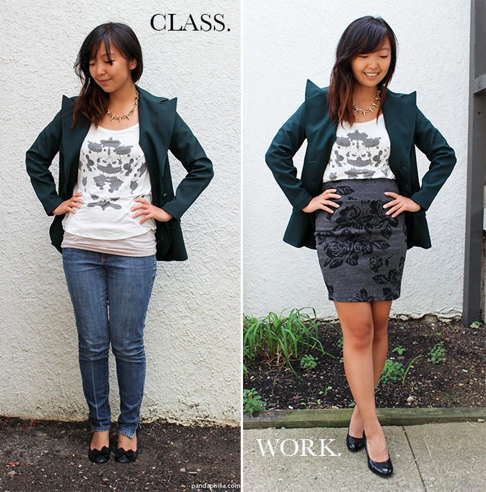 forest green blazer class and work outfit transition