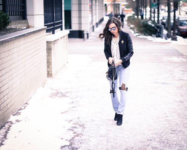 va darling. dc fashion blogger. virginia fashion blogger. faux leather sleeve bomber jacket. destroyed denim. polka dot tights. reflective ray-ban sunglasses. cold casual outfit.
