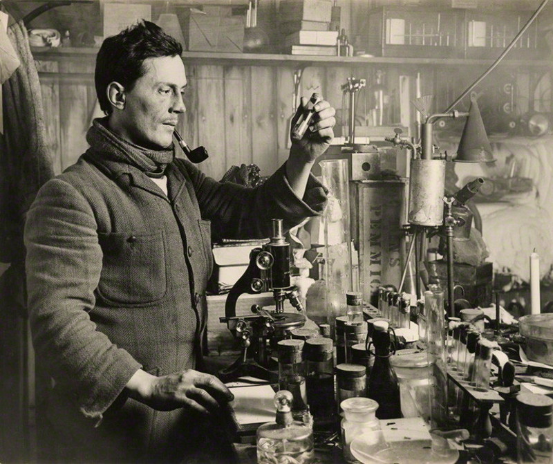 Dr Edward Atkinson in his lab, during the Terra Nova Expedition 1910-1913 under command of Robert Falcon Scott