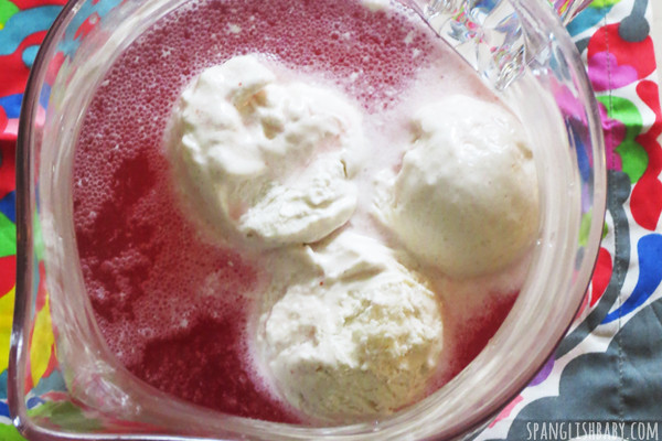 cran raspberry snowball punch with vanilla ice cream