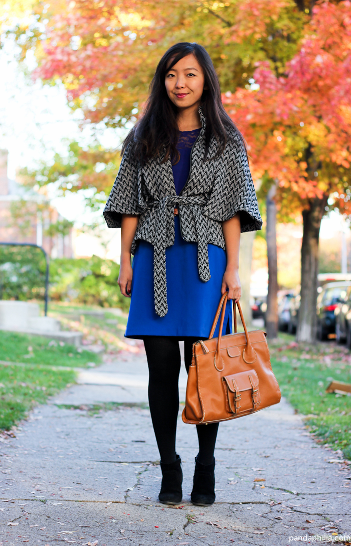 chevron tweed cape, cobalt skirt, camel bag