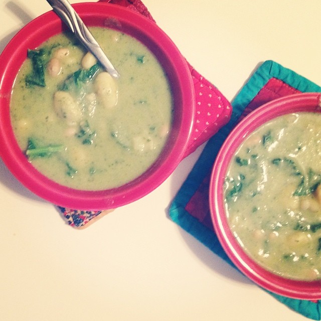 Pesto soup, with gnocchi, beans & greens. Yum. #vegan recipe by @Isachandra, of course