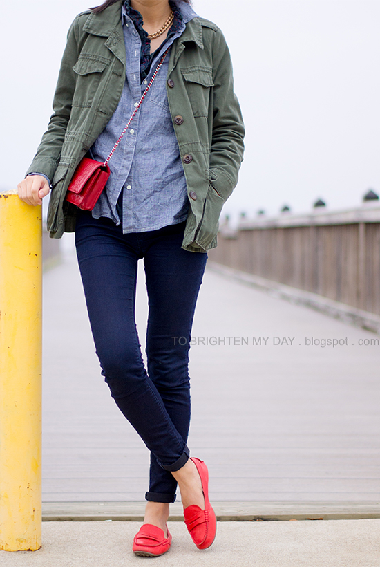 military jacket, chambray + plaid shirts, red loafers