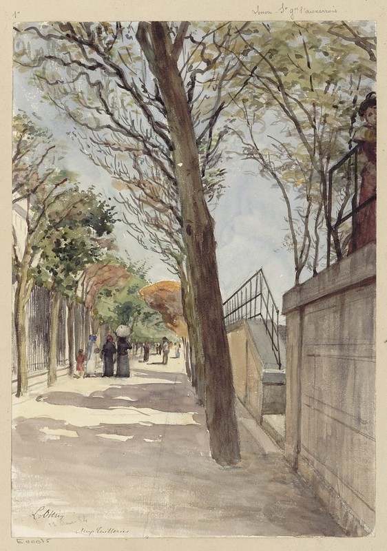 watercolour sketch of peopled walkway in Tuilleries gardens in 19th century Paris