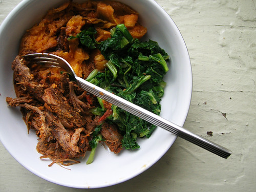 slow carne, greens, and sweet potato