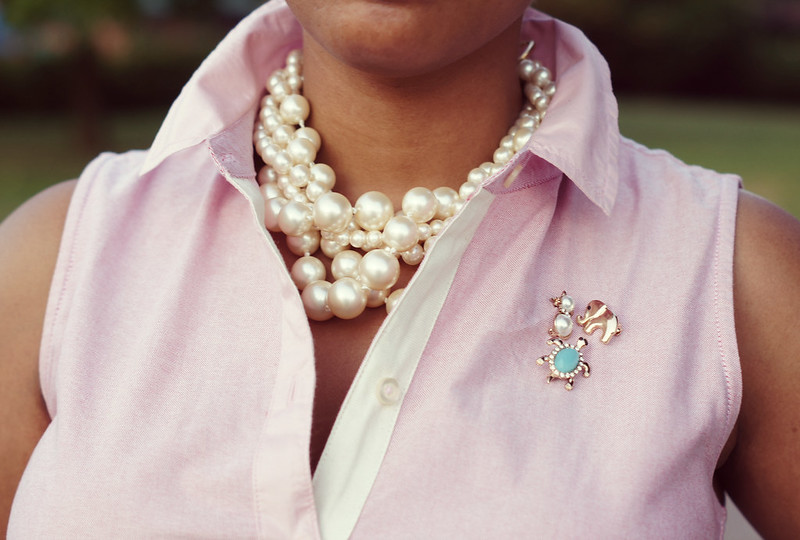 Pink Shirtdress + Pearl Necklace