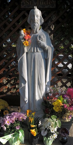 Saint Jude, flower offerings, Silicon Valley, courtyard, Our Lady of Peace Church and Shrine, Santa Clara, California, USA by Wonderlane