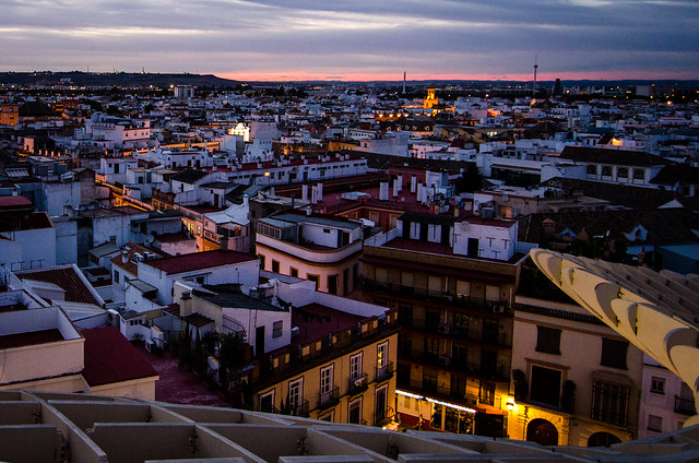 Colorful Sevilla at sunset from the Metropol Parasol. 
