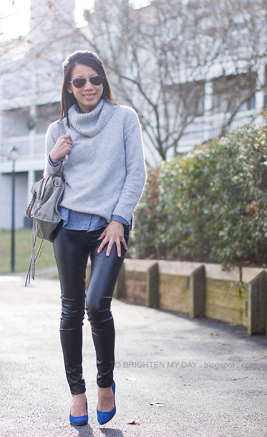 gray cowlneck sweater, chambray shirt, faux leather pants, blue suede pumps