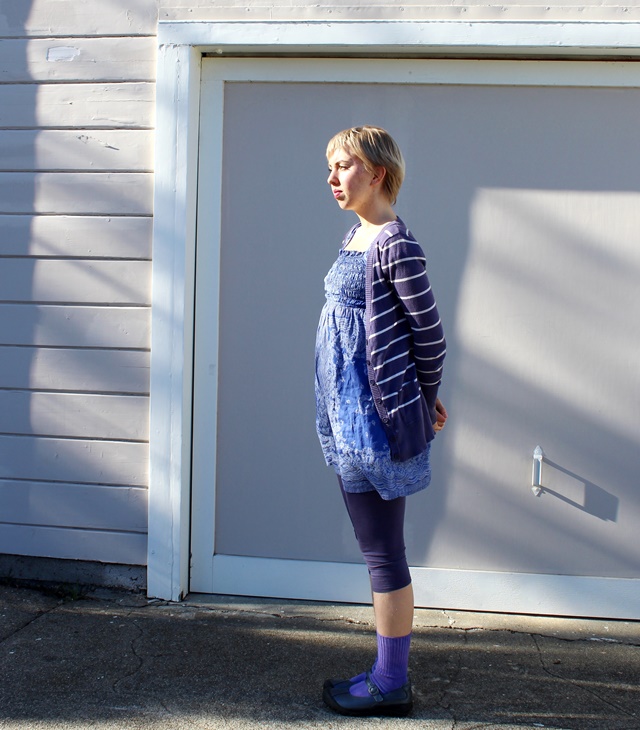 blue and purple outfit: striped cardigan, dress, and leggings
