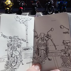 A scooter and some motorcycles in the alley.  #sketch #sketchbook #drawing #dailysketch #dailydrawing #asketchaday #moleskine #moleskineart #urbansketchers #urbansketch #usk #pen #ink #penandink #lamysafari