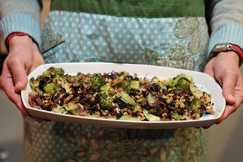 Roasted Broccoli Steaks with walnuts red onion currants