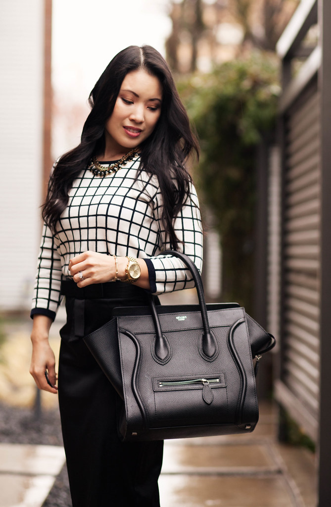 cute & little blog | windowpane grid sweater, black bow pencil skirt, capped toe heels outfit