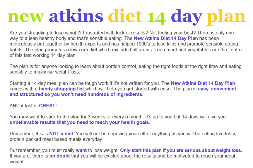 14 Day Diet Plan For Atkins