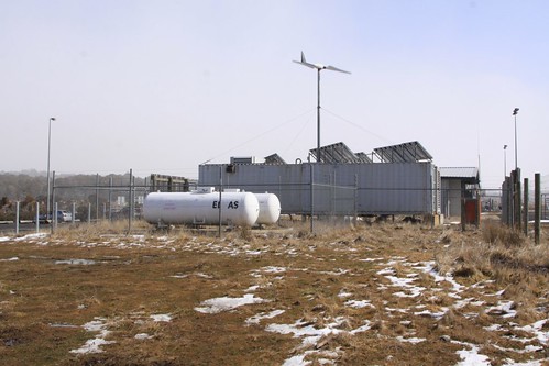 Solar panels and a wind turbine to supply power, as well as LPG tanks