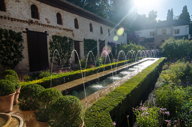 The Court of the Main Canal, a focal feature of the Generalife Gardens at the Alhambra.