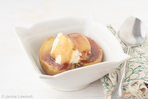 Baked apples served with vanilla bean ice cream and a quick caramel sauce drizzled on top.