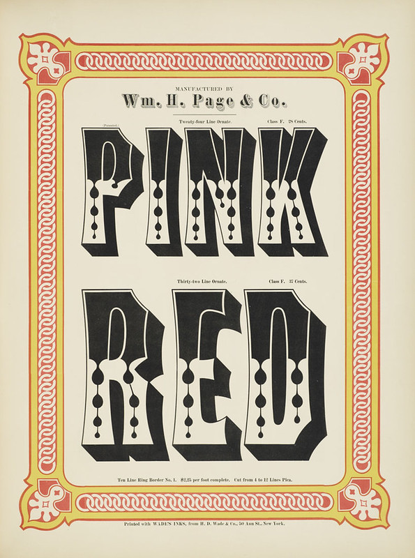 Specimens of chromatic wood type, borders 1874 - [via Columbia U] (Pink + Red) Ornamented type
