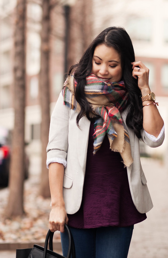 cute & little blog | peplum + blazer layering, zara tartan plaid blanket scarf