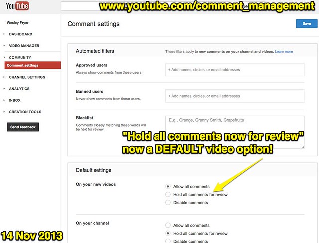 YouTube - Comment Management Settings