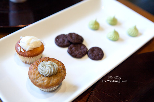 Earl grey cupcake, coconut Cupcake, chocolate shortbread cookies, green tea meringues