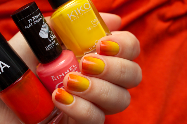 05 gradient nails kiko 279 yellow + rimmel instyle coral + colorama 155