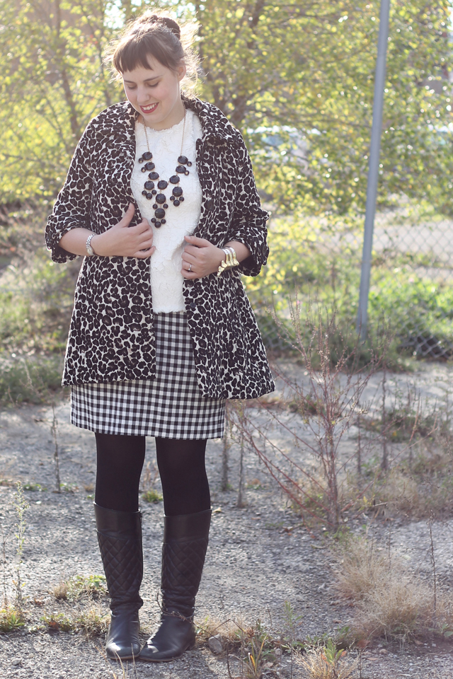 Odette outfit: feathery Anthropologie "Guimauve Top", black and white gingham pencil skirt, black tights, quilted black leather boots, black bauble bubble necklace, Noir Jewelry Dinosaur bone rib cage cuff bracelet