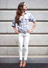 white jeans and plaid mens shirt