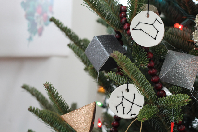 DIY painted sculpy Christmas ornaments and embroidered astrology constellation ornaments
