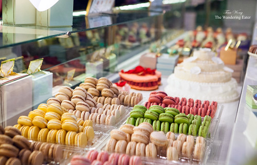 Looking down the display case of pastry heaven