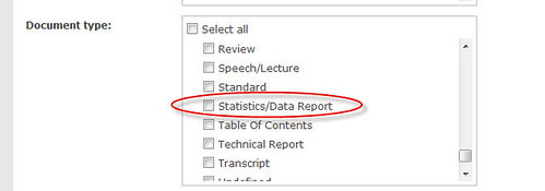 Screenshot of ProQuest database advanced search page. The "Statistics/Data Report" option under "Document type" is circled.