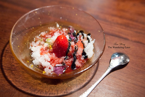 Course 15 - (Dessert) Lychee ice, strawberries, black garlic, shiso, strawberry sauce