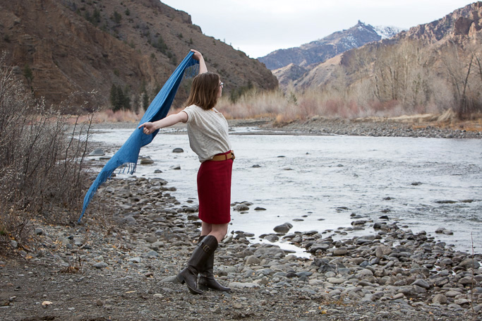 river, wyoming, red, skirt, pencil skirt, brag vintage, white sweater, november, blue, cherche scarf, scarf,