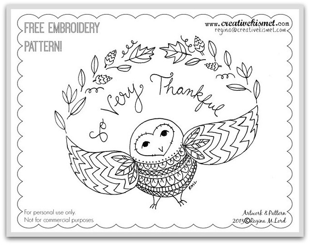 Free Embroidery Pattern - So Very Thankful Owl by Regina Lord