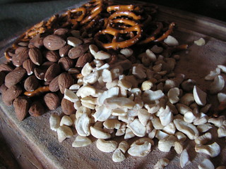 nuts and pretzels ready for chocolate
