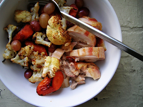 baked chicken with roasted cauliflower, carrots, and grapes