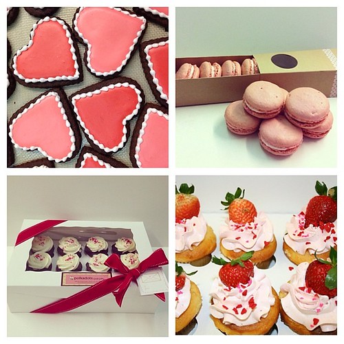 Our valentines menu: assorted sugar cookies, strawberry macaron gift box, and valentines cupcakes (strawberry shortcake, strawberry and cream, triple chocolate, red velvet, vanilla, and blackbottom) available for pick up/ scheduled delivery 02.12 - 02.14 