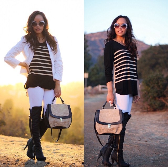 instagram-pslilyboutique-los-angeles-fashion-blogger-Striped top, white blazer, white leggings, black over the knee boots, satchel