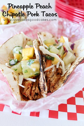Pineapple Peach Chipotle Pork Tacos in red basket.
