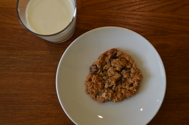 Peanut Butter oatmeal chocolate chip cookie and milk