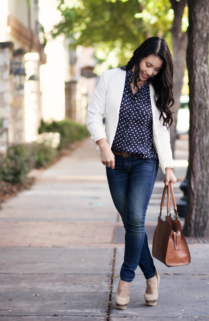 cute & little blog | white blazer, navy polka dots, gold chain necklace, outfit #ootd, petite fashion