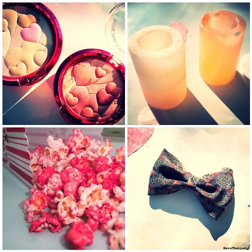 Valentines Day Gift Guide featuring Pink Salt Shot Glasses Happy Booster Blush Powders DIY Pink Candy Popcorn and Silk Bow Tie