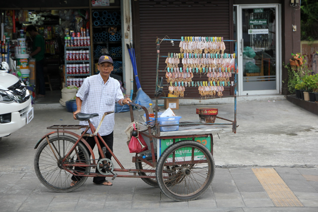 Pla meuk ping (ปลาหมึกปิ้ง) cart in Bangkok
