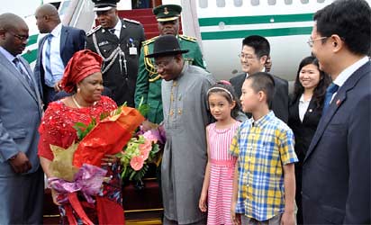 Federal Republic of Nigeria President Goodluck Jonathan and the First Lady arrive in the People's Republic of China on July 10, 2013. by Pan-African News Wire File Photos