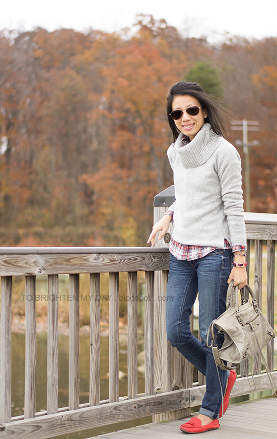 gray cowlneck sweater, plaid shirt, red loafers