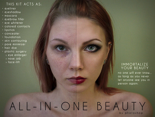 A mock ad campaign for photoshop where one side of a woman's face has been digitally altered to our societal standard of beauty.